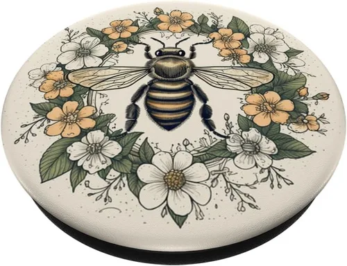 Vista 2 de PopSockets PopGrip estándar con diseño de abeja pastel Boho y flores