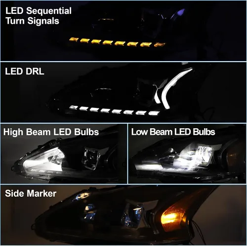 Vista 2 de Conjunto de faros delanteros con proyector 500% más brillante para 2013-2015 13-15 Altima con DRL LED, luz de giro secuencial 2013 2014 2015 13 14