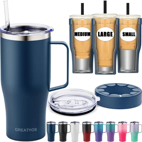 Vista 9 de Funda universal para café helado con asa - Soporte aislante de acero inoxidable reutilizable de doble pared para bebidas frías que se adapta a tazas