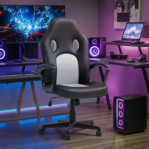 Vista 2 de Silla ejecutiva de piel para oficina, sala de conferencias o videojuegos con respaldo alto, ergonómica, ajustable., Blanco