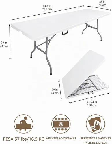 Vista 3 de Mesa plegable de 8 pies, mesa plegable portátil grande blanca