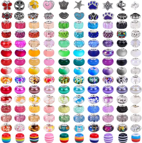 Vista 8 de 120 Piezas de Cuentas Europeas Surtidas para Manualidades Agujero Grande Cuentas Espaciadoras Lampwork Cuentas Europeas Coloridas para Collar Flor