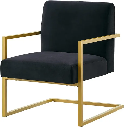 Vista 3 de 24KF Cómoda silla de acento de moda, cojín de terciopelo y soporte dorado de metal con brazo cuadrado, color negro