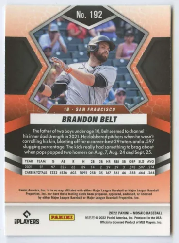Vista 2 de 2022 Panini Mosaic #192 Brandon Belt San Francisco Giants Baseball Trading Card