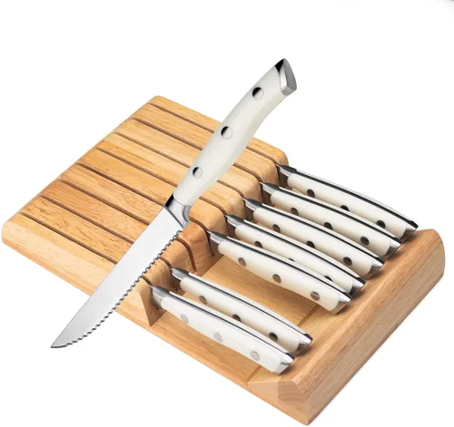 Vista 9 de Alata Juego de cuchillos para carne de 8 piezas, 4.7 pulgadas con borde dentado, cuchillos afilados para cena, construcción de espiga completa Negro