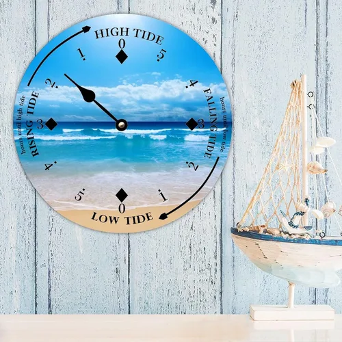 Vista 3 de Reloj de marea de madera, reloj de pared de madera costera, reloj de predicción de mareas de luna con marea alta y baja marea náutica, reloj
