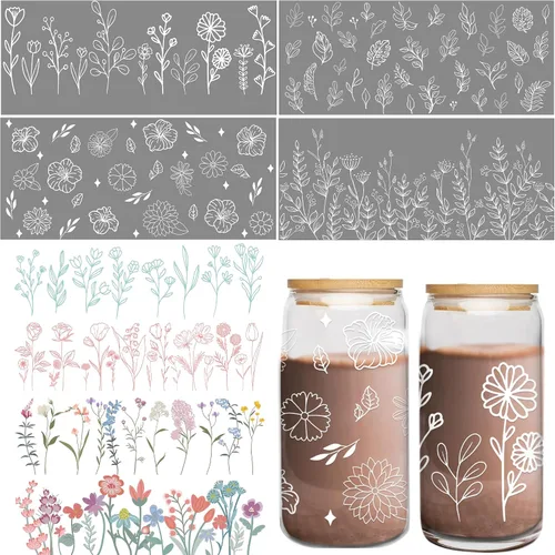 Vista 8 de Adhesivo UV DTF para taza, 8 hojas de transferencia DTF UV de animales para vidrio de 16 onzas, estilo bosque negro, lobo, ciervo, jirafa, elefante