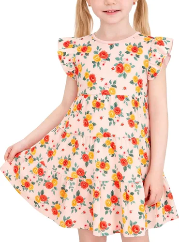 Vista 13 de Vestido casual para niñas, de algodón suave, manga corta, transpirable, acampanado, para adolescentes, talla 2T, 3T, 4T, 5, 6, 7, 8, 9, 10, 12, 13