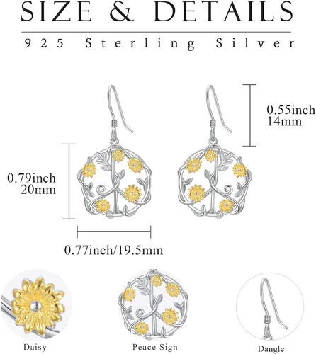 Vista 2 de Aretes de plata de ley 925 con diseño de margarita, para amantes de la paz, joyería para adolescentes y niñas, regalo de graduación, Plata de ley