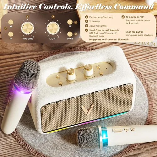 Vista 6 de Máquina de karaoke con 2 micrófonos inalámbricos y envoltura de cuero suave Mini altavoz Bluetooth portátil con 5 modos de cambio de voz