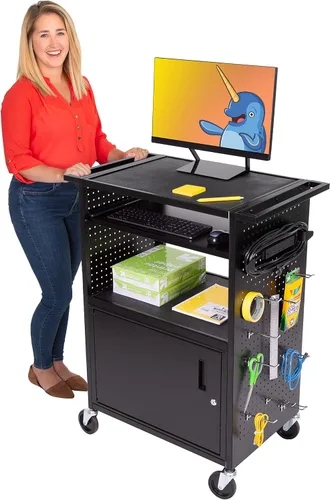 Vista 10 de Line Leader Stellar - Carrito de computadora con tablero de clavijas y ganchos personalizables, armarios de doble bloqueo, alimentación certificada