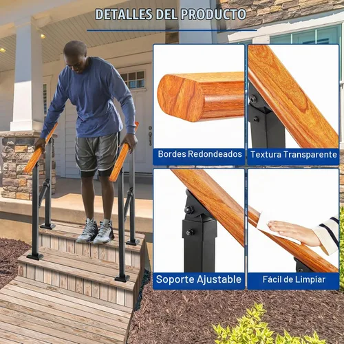 Vista 6 de 2 Step Handrails for Outdoor Steps, Metal Wood Grain Hand Rails Pasamanos exteriores para escalones exteriores, conectores de aluminio inoxidables
