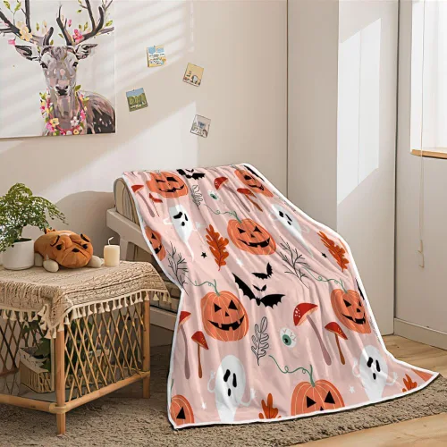 Vista 2 de JAWO Manta de Halloween con diseño de fantasma de calabaza rosa, cálida y cómoda, divertida manta de franela de hongos, sala de estar, decoración