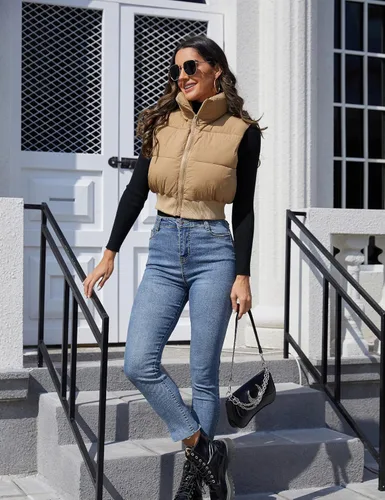 Vista 6 de Dqbeng Chaleco acolchado de moda para mujer, con cremallera completa, sin mangas, con relleno