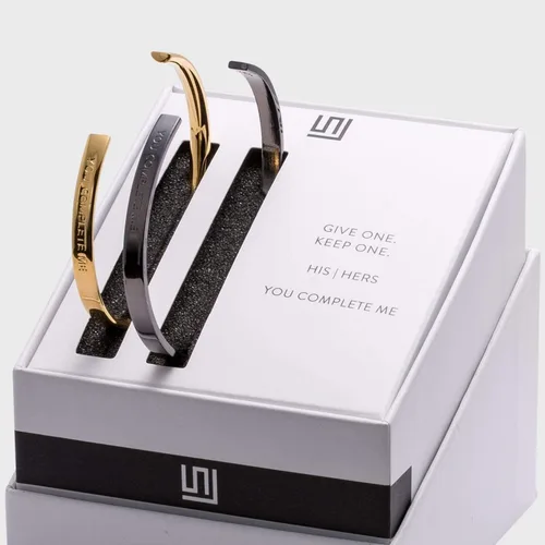 Vista 2 de Stella Valle HisHer Bracelet Gift Set - 18K Gold and Rhodium Cuffs with Engraved Mantra You Complete Me