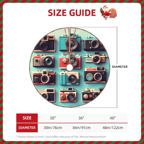 Vista 4 de Retro Cool Camera Collection Print Christmas Scalloped Tree Skirt, Farmhouse Style Tree Carpet for Xmas Indoor Holiday Decor