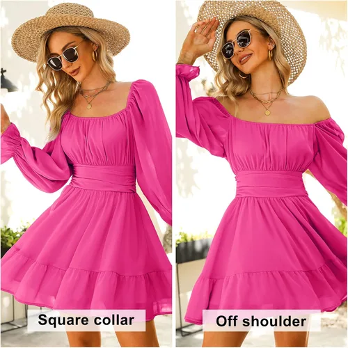 Vista 5 de Exlura - Vestido de manga larga para mujer con cuello cuadrado holanes cintura elástica acampanado amarre posterior estilo casual y corto