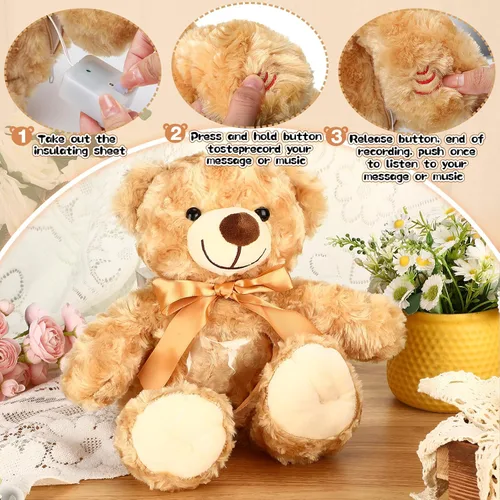 Vista 3 de Silipull Recuerdo oso de peluche de terciopelo rosa de 12 pulgadas con grabador de voz marrón, animal de peluche con marco de fotos, regalo