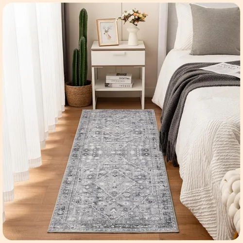 Vista 306 de Istana Alfombra larga antideslizante de 2.5 x 8 para el hogar, para pasillo y cocina, lavable, sedosa y suave al tacto, elegante, color azul y marfil