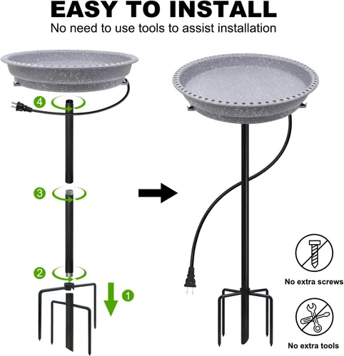 Vista 7 de BIRD WISH Baño de Pájaros Calentado, Base Metálica Estable de 5 Puntas con Control de Termostato Resistente al Clima para Todas las Estaciones Gris
