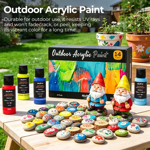 Vista 4 de Nicpro 14 colores pintura acrílica al aire libre a granel (120 ml, 4.06 oz) con pincel y esponja, cuchillo, pintura brillante no tóxica