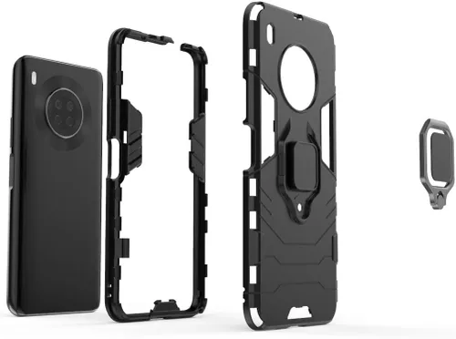 Vista 4 de Funda de teléfono celular para Huawei Y9a, doble capa de metal anillo agarre Kickstand parachoques duro a prueba de golpes (negro)
