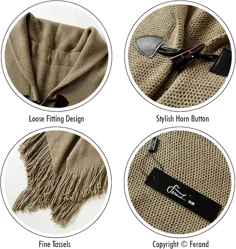 Vista 4 de Ferand Poncho de ajuste holgado para mujer con botones de cuerno elegantes cuello en V y dobladillo en V