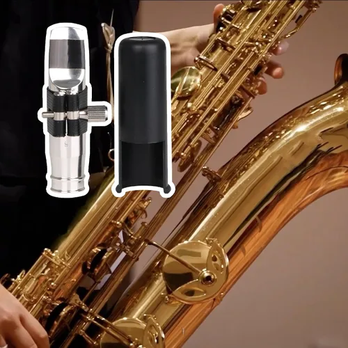 Vista 2 de Yibuy Jazz Style B-flat Boquilla de saxofón alto plateado 9 # PU tapa de cuero