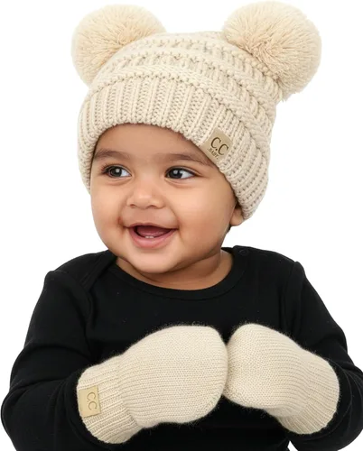 Vista 12 de Funky Junque Conjunto de gorro y mitones con doble pompón de pelo sintético para bebé – Gorro de invierno para recién nacidos de 0–9 meses