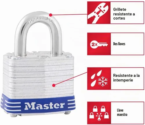 Vista 2 de Master Lock 3008D - Candado para exteriores con llave, paquete de 4 unidades, color plateado de 1-1/2 pulgadas