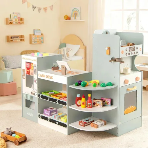 Vista 16 de Costzon Juego de simulación para tienda de comestibles, tienda de juegos de madera, juego de supermercado para niños pequeños con caja registradora