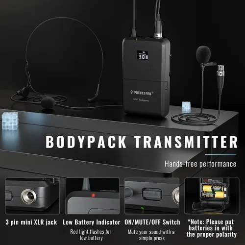 Vista 2 de Phenyx Pro Transmisor inalámbrico Bodypack, micrófono UHF Bodypack para PTU-71/PTU-7000/PTU-6000, con frecuencias seleccionables, función