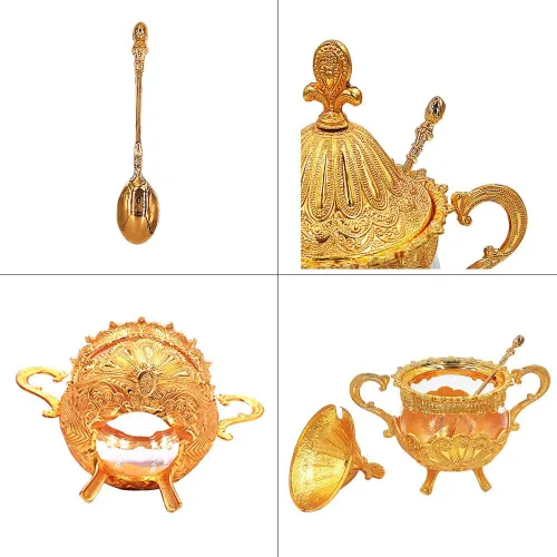 Vista 5 de Hourwof Azucarero con tapa y cuchara para cocina, cafetería, fiesta de boda, recipiente de metal y vidrio para azúcar y azúcar en polvo, contenedor