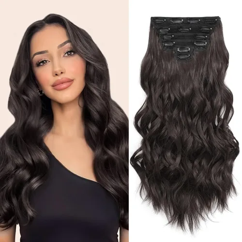 Vista 18 de Fliace Extensiones de cabello con clip para mujer, extensiones de cabello ondulado largo de color marrón medio, extensiones de cabello sintético