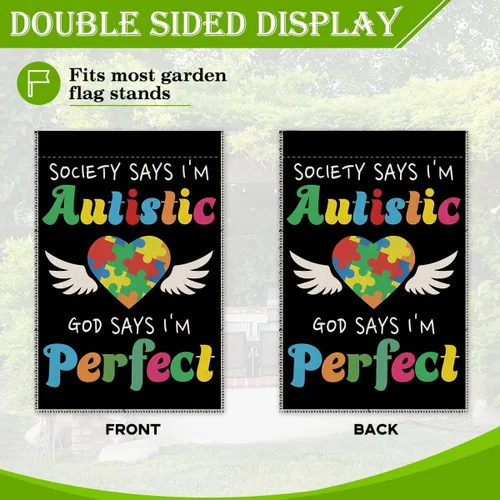 Vista 3 de Hafhue Society Says I'm Autistic God Says I'm Puzzle - Bandera de jardín para exteriores, decoración de casa de campo, Hope Education I Love