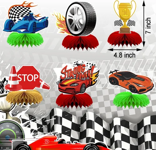 Vista 4 de Decoraciones de fiesta de autos de carreras, carteles de feliz cumpleaños, remolinos colgantes con temática de panal de abejas para autos