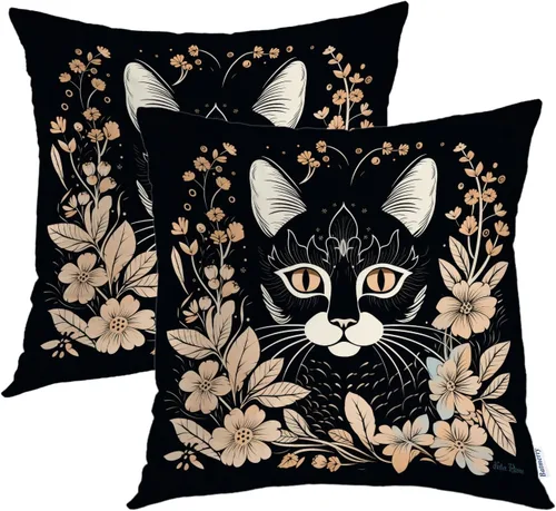 Vista 10 de Batmerry Fundas de almohada decorativas con estampado digital de hojas verdes y gatos negros con estampado digital para sofá, cama, cremallera