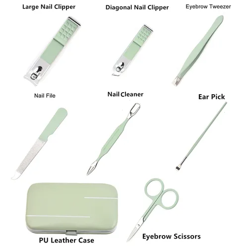Vista 2 de Juego de manicura para hombres y mujeres, juego de cortaúñas de acero inoxidable 8 en 1, herramientas de cuidado personal con estuche de viaje Verde