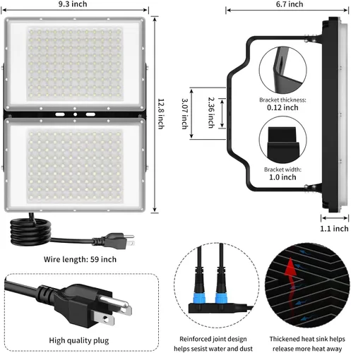 Vista 5 de Luz de inundación LED de 400 W, luces de seguridad súper brillantes para exteriores de 40000 lm con ángulo de iluminación más amplio, luz blanca