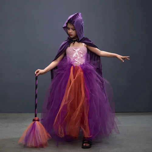Vista 2 de IMEKIS Girls Witch Halloween Costume Princess Tutu Dress up with Broom Cape Cosplay Party Photo Shoot Outfit for Kids 2-12T