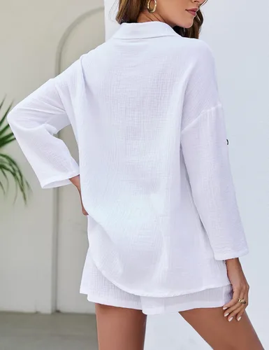 Vista 7 de Flygo Conjunto de 2 piezas para mujer, conjunto de pantalones cortos de algodón y lino, manga enrollable, camisa con botones y pantalones cortos