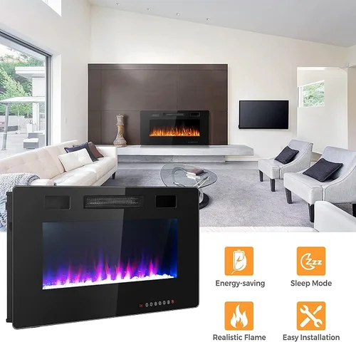 Vista 7 de Topment Chimenea eléctrica empotrada y montada en la pared con color y velocidad de llama ajustables, control remoto y táctil con temporizador, bajo