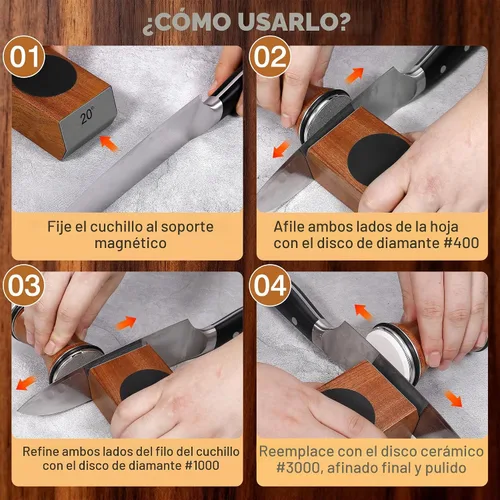 Vista 6 de Kit de afilador de cuchillos enrollables, herramienta de afilado de cuchillos con discos reemplazables de diamante y cerámica, base magnética