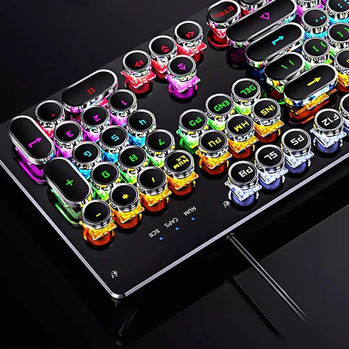 Vista 2 de Teclado mecánico con luz LED retroiluminada, teclado retro para juegos con teclas redondas de 104 teclas con interruptor azul, teclado steampunk