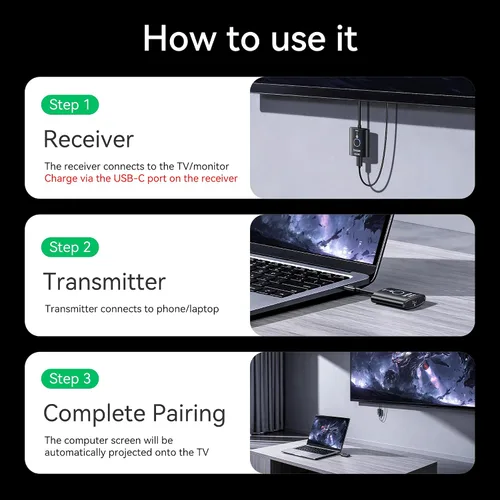 Vista 9 de Transmisor y receptor HDMI inalámbrico USB C, 165 FT/50M Plug & Play Portátil 5G+2.4G Extensor 4K Decodificación Entrada 1080P@60Hz Salida