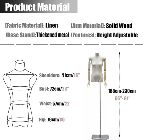 Vista 8 de Adjustable Female Mannequin Dress Form - Linen Fabric Torso for Sewing & Display, 66"-91" Height, Anti-Fingerprint Base - Perfect for Tailoring &