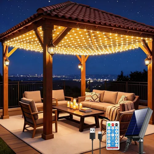 Vista 16 de Pooqla Luces de red solar, 10 x 10 pies, 280 luces LED de red para cenador al aire libre con 8 modos, funciona con energía solar y USB, impermeable