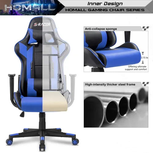 Vista 5 de Homall Silla Gaming, Silla de Oficina Respaldo Alto Silla de Computadora de Cuero Silla de Escritorio Racing Ejecutiva Ergonómica Ajustable Azul