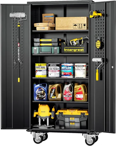 Vista 28 de INTERGREAT Armario de almacenamiento de metal con cerradura, gabinete de almacenamiento de metal con cerradura de 72 pulgadas de alto con puertas