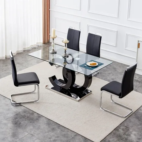 Vista 6 de Juego de mesa de comedor de 63 pulgadas para 4, moderno juego de mesa de comedor de vidrio templado para 4, para el hogar, cocina, sala de estar